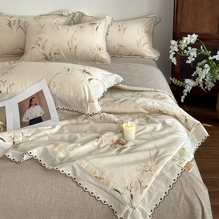 91家纺网 家纺一手货源 找家纺 慕晨 2026新款天丝莱赛尔棉麻数码印色织花边夏被四件套高级田园美式直播热款 丁岚