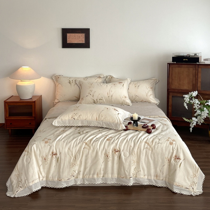 91家纺网 家纺一手货源 找家纺 慕晨 2026新款天丝莱赛尔棉麻数码印色织花边夏被四件套高级田园美式直播热款 丁岚