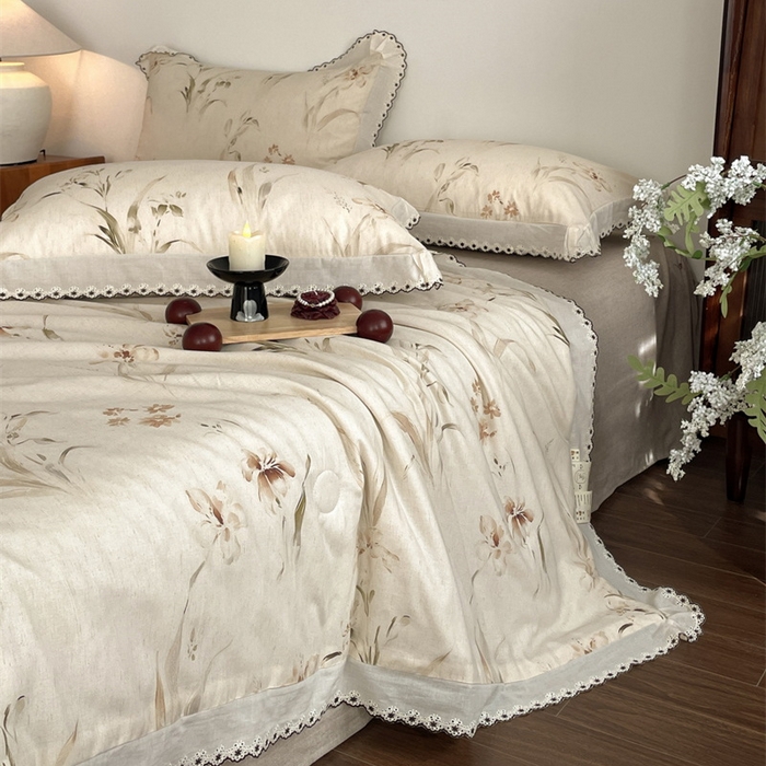 91家纺网 家纺一手货源 找家纺 慕晨 2026新款天丝莱赛尔棉麻数码印色织花边夏被四件套高级田园美式直播热款 丁岚