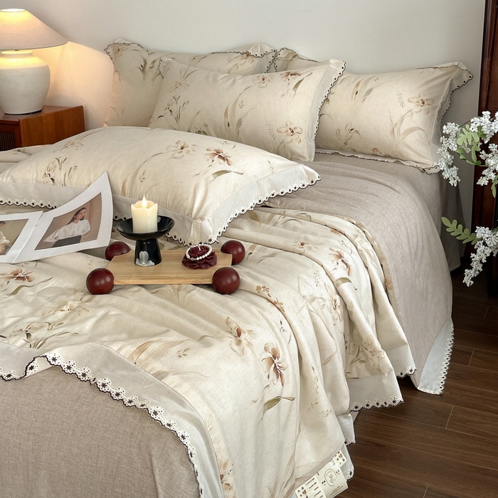 91家纺网 家纺一手货源 找家纺 慕晨 2026新款天丝莱赛尔棉麻数码印色织花边夏被四件套高级田园美式直播热款 丁岚