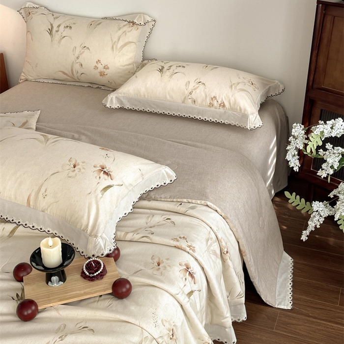 91家纺网 家纺一手货源 找家纺 慕晨 2026新款天丝莱赛尔棉麻数码印色织花边夏被四件套高级田园美式直播热款 丁岚