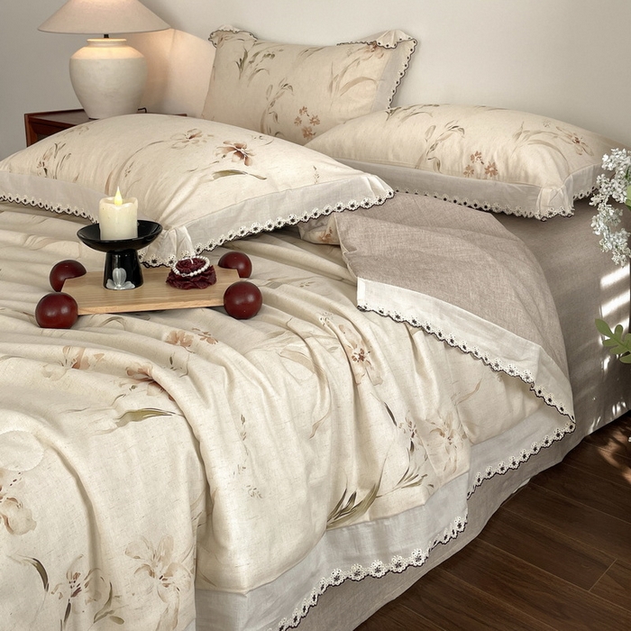 91家纺网 家纺一手货源 找家纺 慕晨 2026新款天丝莱赛尔棉麻数码印色织花边夏被四件套高级田园美式直播热款 丁岚