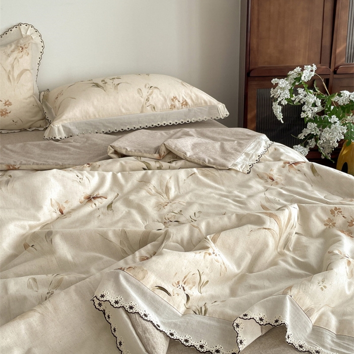 91家纺网 家纺一手货源 找家纺 慕晨 2026新款天丝莱赛尔棉麻数码印色织花边夏被四件套高级田园美式直播热款 丁岚