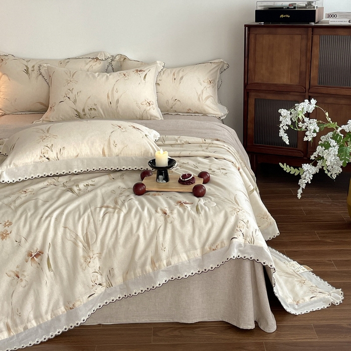 慕晨 2026新款天丝莱赛尔棉麻数码印色织花边夏被四件套高级田园美式直播热款 丁岚