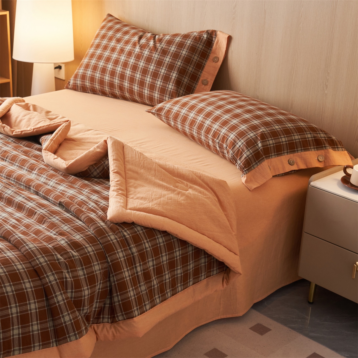 91家纺网 家纺一手货源 找家纺 恬思语家纺 2026春夏新款全棉加密色织棉花夏凉被夏被四件套-美拉德系列 南瓜桔