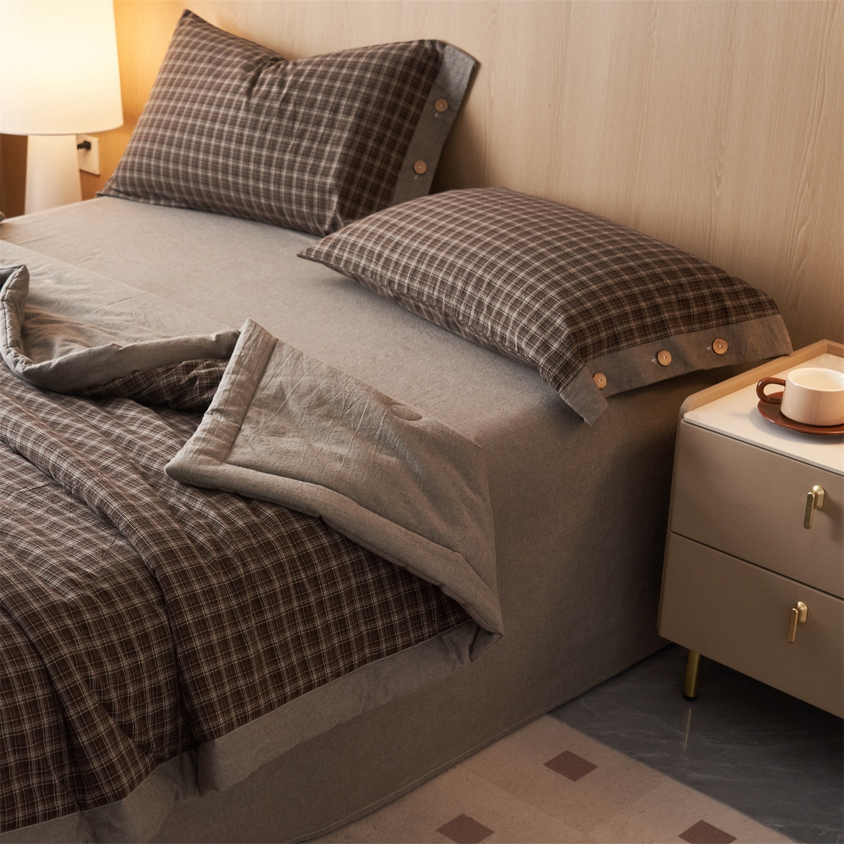 91家纺网 家纺一手货源 找家纺 恬思语家纺 2026春夏新款全棉加密色织棉花夏凉被夏被四件套-美拉德系列 莫奈灰