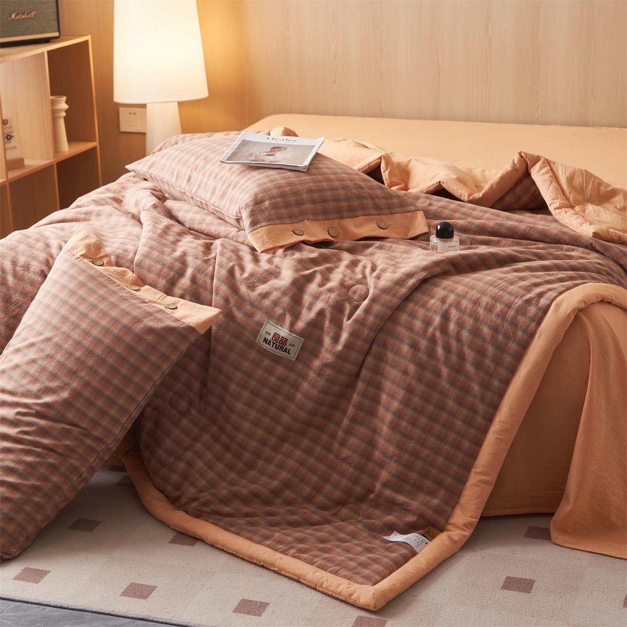 91家纺网 家纺一手货源 找家纺 恬思语家纺 2026春夏新款全棉加密色织棉花夏凉被夏被四件套-美拉德系列 云柚桔