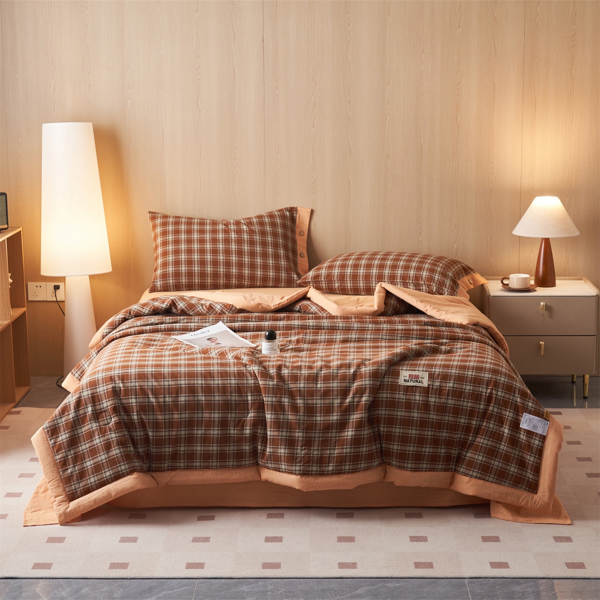 91家纺网 家纺一手货源 找家纺 恬思语家纺 2026春夏新款全棉加密色织棉花夏凉被夏被四件套-美拉德系列 南瓜桔