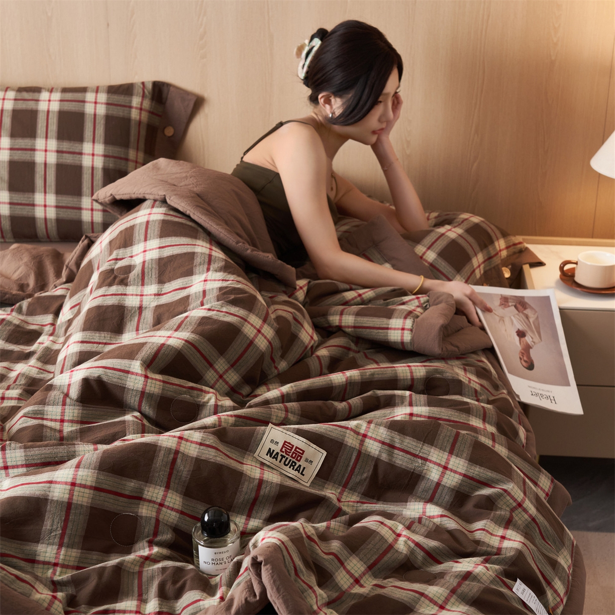 91家纺网 家纺一手货源 找家纺 恬思语家纺 2026春夏新款全棉加密色织棉花夏凉被夏被四件套-美拉德系列 沐槿咖