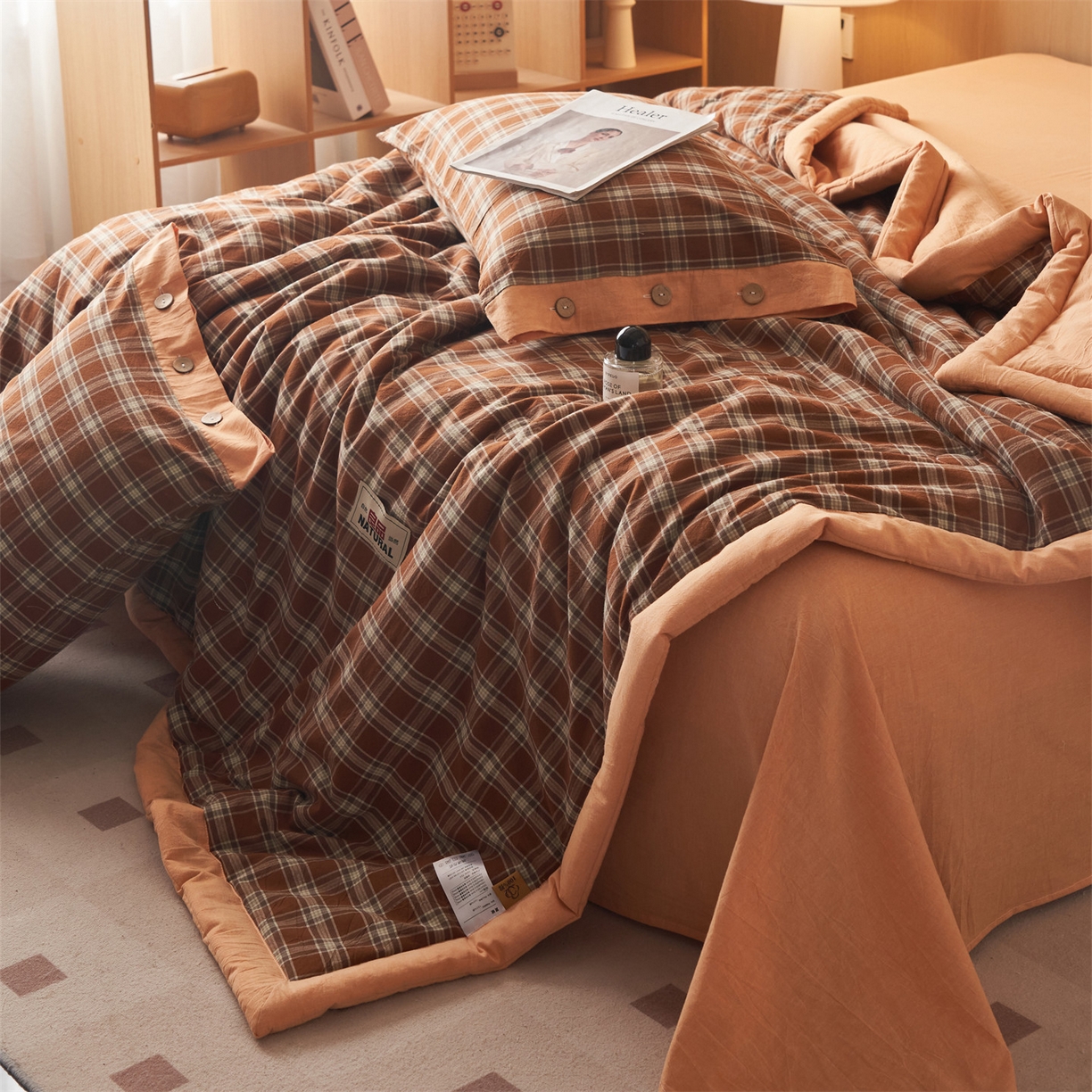 91家纺网 家纺一手货源 找家纺 恬思语家纺 2026春夏新款全棉加密色织棉花夏凉被夏被四件套-美拉德系列 南瓜桔