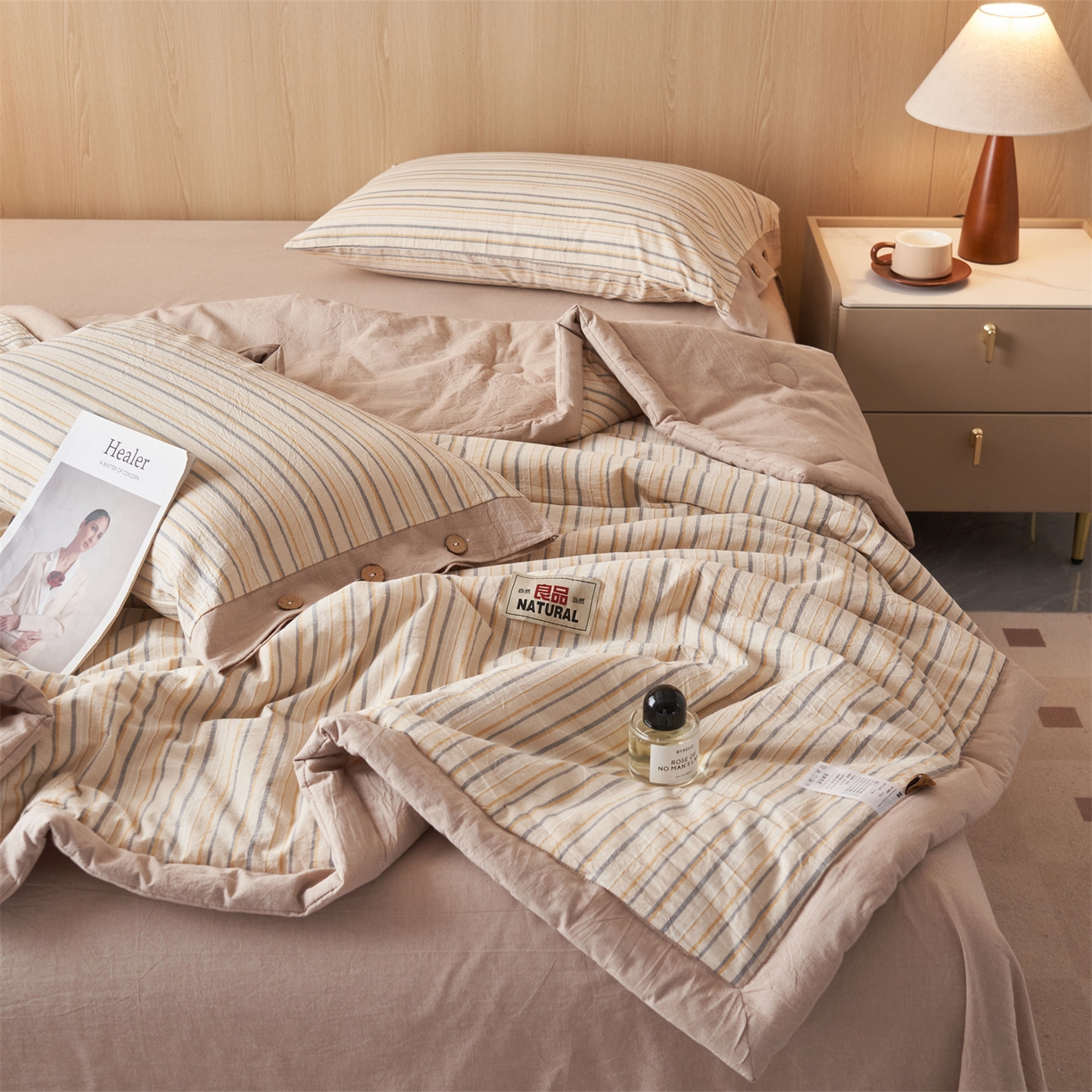 91家纺网 家纺一手货源 找家纺 恬思语家纺 2026春夏新款全棉加密色织棉花夏凉被夏被四件套-美拉德系列 芳华卡