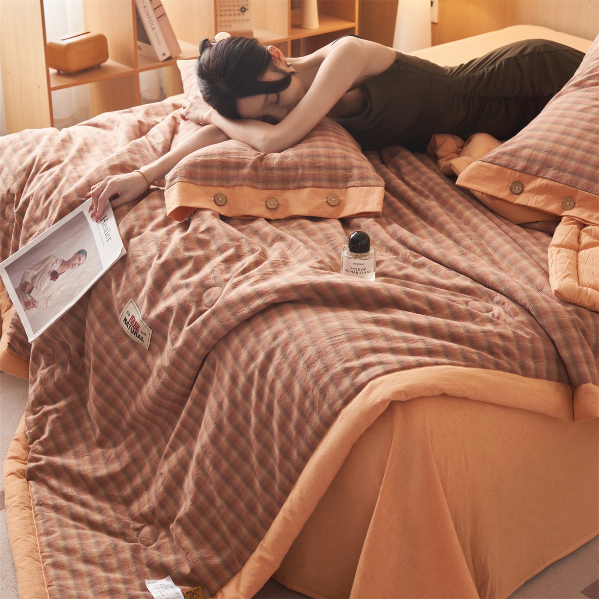 91家纺网 家纺一手货源 找家纺 恬思语家纺 2026春夏新款全棉加密色织棉花夏凉被夏被四件套-美拉德系列 云柚桔