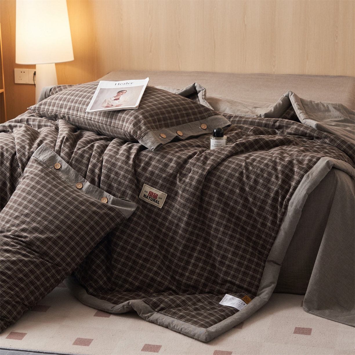 91家纺网 家纺一手货源 找家纺 恬思语家纺 2026春夏新款全棉加密色织棉花夏凉被夏被四件套-美拉德系列 莫奈灰