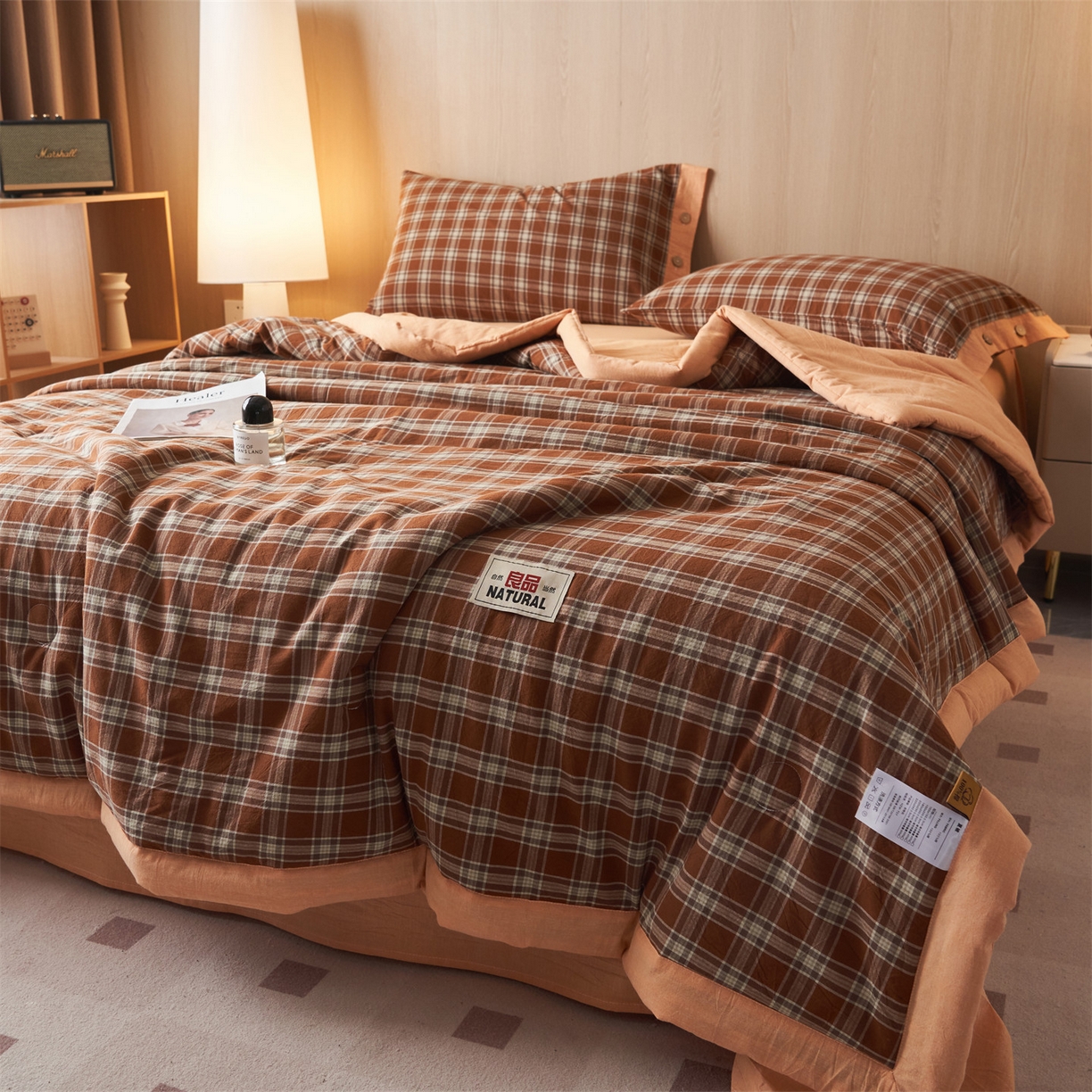 91家纺网 家纺一手货源 找家纺 恬思语家纺 2026春夏新款全棉加密色织棉花夏凉被夏被四件套-美拉德系列 南瓜桔