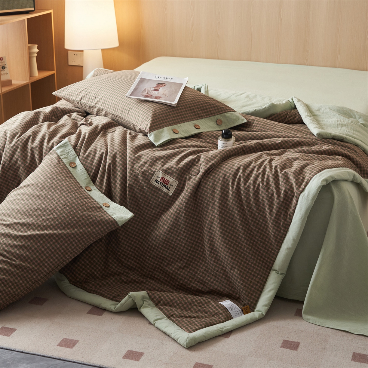 91家纺网 家纺一手货源 找家纺 恬思语家纺 2026春夏新款全棉加密色织棉花夏凉被夏被四件套-美拉德系列 赫本绿