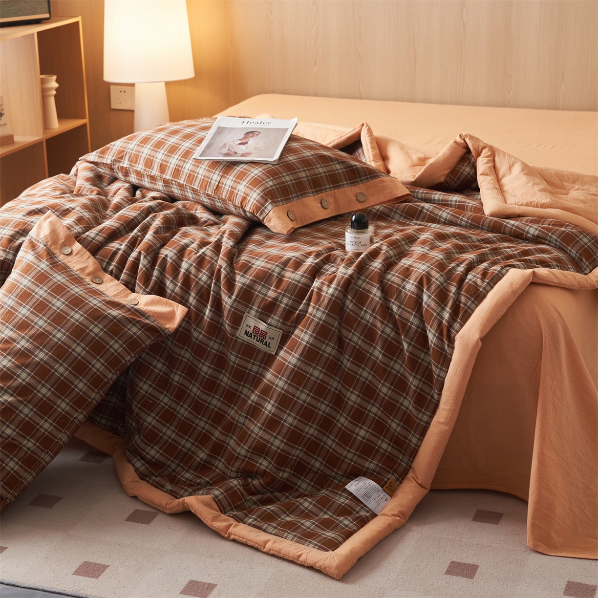 91家纺网 家纺一手货源 找家纺 恬思语家纺 2026春夏新款全棉加密色织棉花夏凉被夏被四件套-美拉德系列 南瓜桔