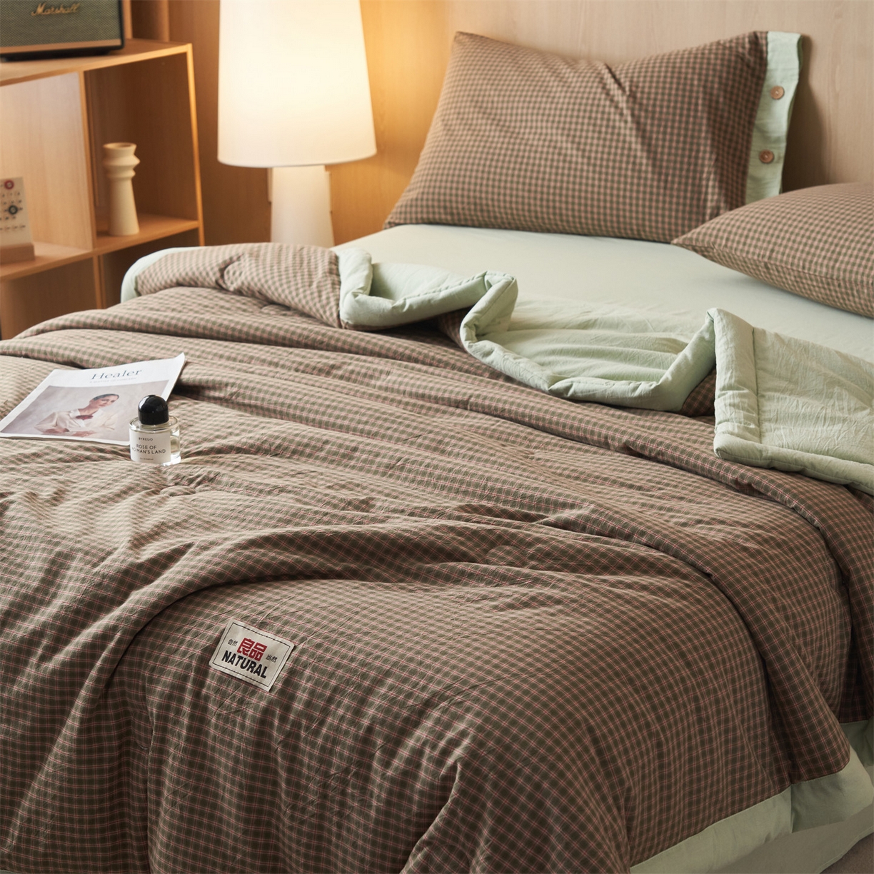 91家纺网 家纺一手货源 找家纺 恬思语家纺 2026春夏新款全棉加密色织棉花夏凉被夏被四件套-美拉德系列 赫本绿