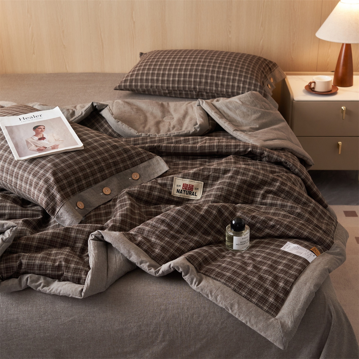 91家纺网 家纺一手货源 找家纺 恬思语家纺 2026春夏新款全棉加密色织棉花夏凉被夏被四件套-美拉德系列 莫奈灰