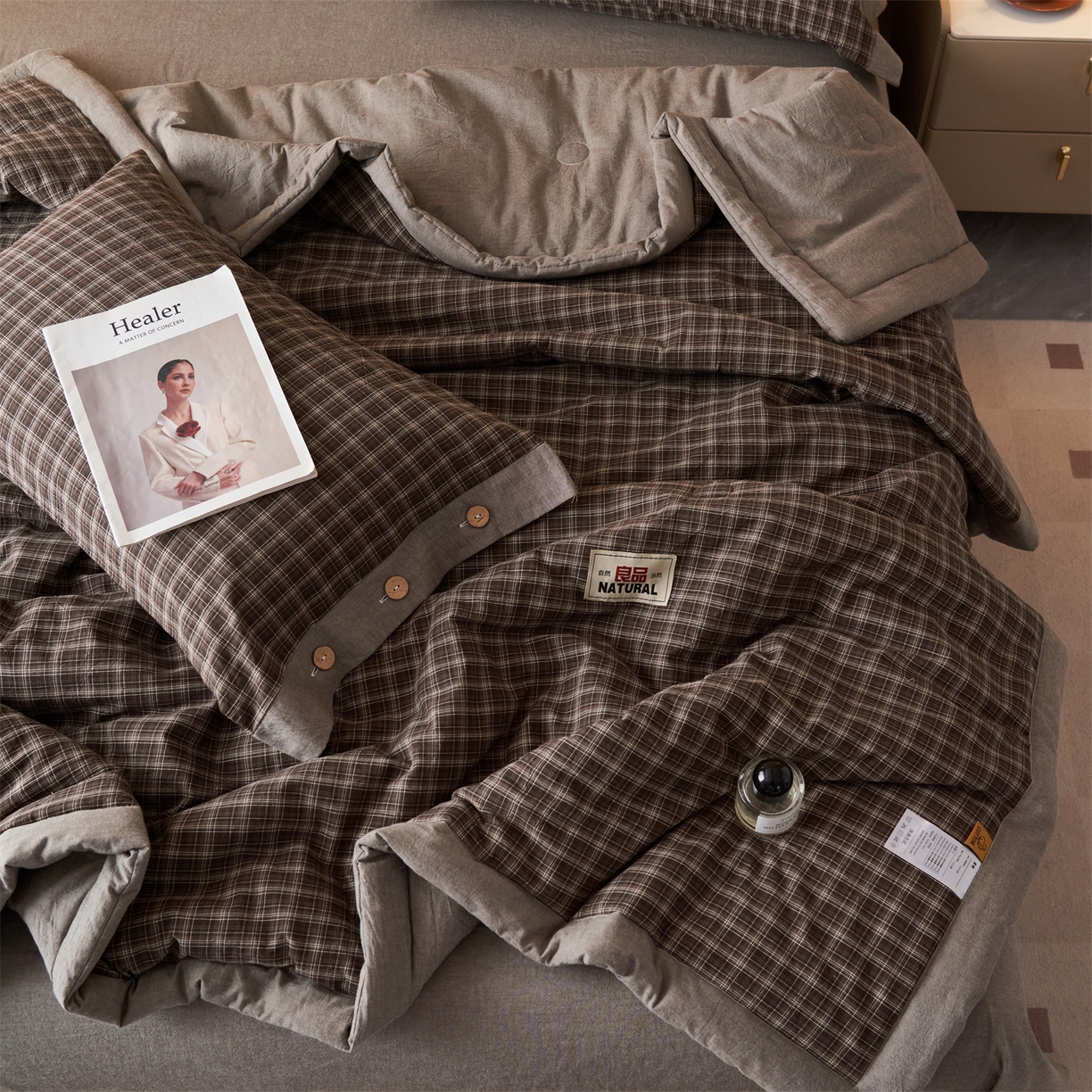 91家纺网 家纺一手货源 找家纺 恬思语家纺 2026春夏新款全棉加密色织棉花夏凉被夏被四件套-美拉德系列 莫奈灰