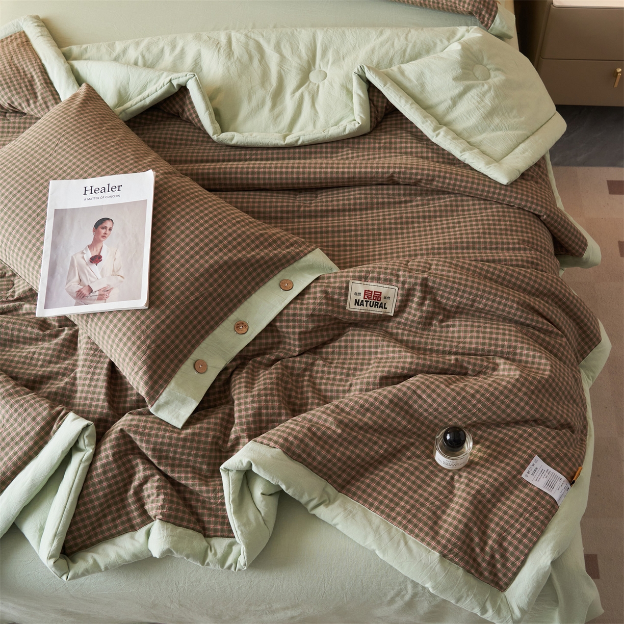 91家纺网 家纺一手货源 找家纺 恬思语家纺 2026春夏新款全棉加密色织棉花夏凉被夏被四件套-美拉德系列 赫本绿