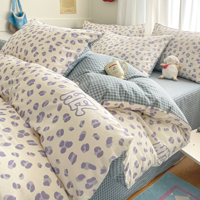 91家纺网 家纺一手货源 找家纺 首尔家纺 2026新款全棉纯棉小清新四件套 蓝点豹纹