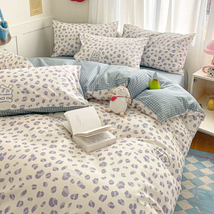 91家纺网 家纺一手货源 找家纺 首尔家纺 2026新款全棉纯棉小清新四件套 蓝点豹纹