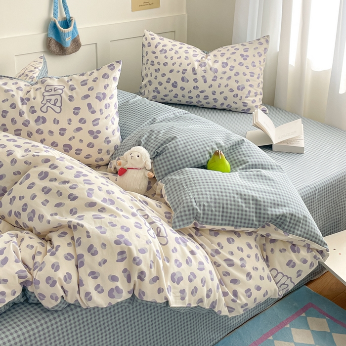 91家纺网 家纺一手货源 找家纺 首尔家纺 2026新款全棉纯棉小清新四件套 蓝点豹纹