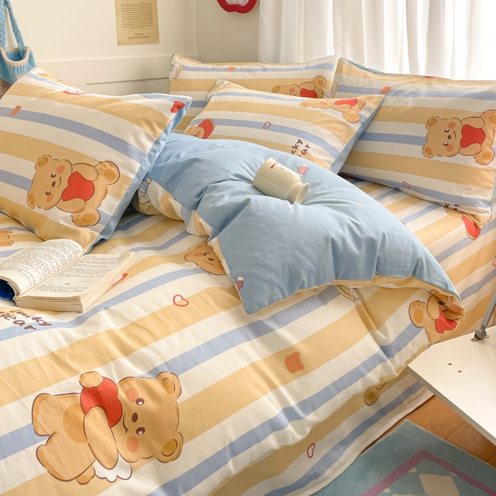 91家纺网 家纺一手货源 找家纺 首尔家纺 2026新款全棉纯棉小清新四件套 小熊哈尼