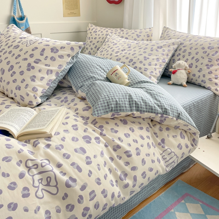 91家纺网 家纺一手货源 找家纺 首尔家纺 2026新款全棉纯棉小清新四件套 蓝点豹纹