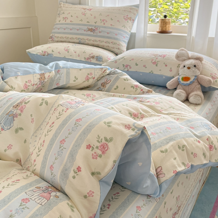 91家纺网 家纺一手货源 找家纺 首尔家纺 2026新款全棉纯棉小清新四件套 玫瑰兔语