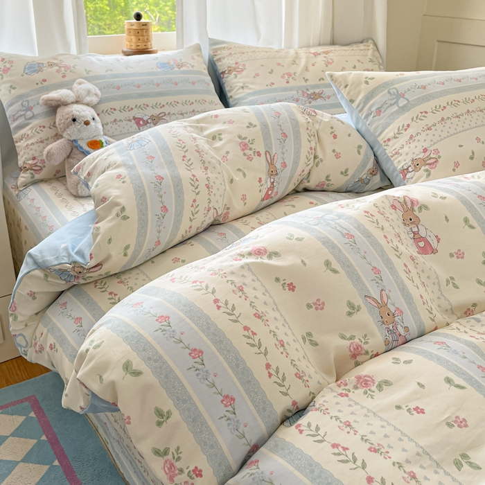 91家纺网 家纺一手货源 找家纺 首尔家纺 2026新款全棉纯棉小清新四件套 玫瑰兔语