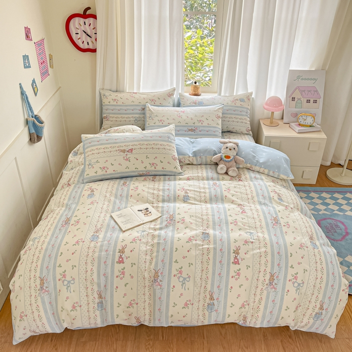 91家纺网 家纺一手货源 找家纺 首尔家纺 2026新款全棉纯棉小清新四件套 玫瑰兔语