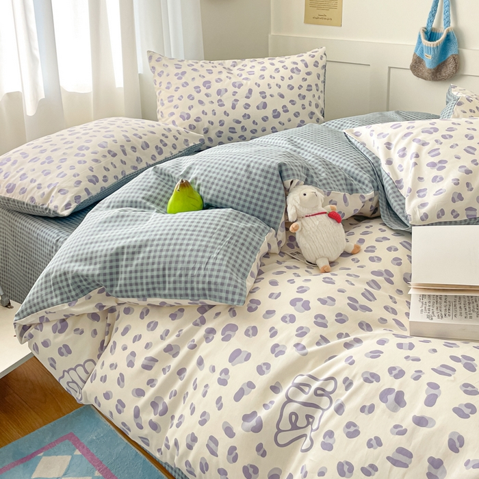 91家纺网 家纺一手货源 找家纺 首尔家纺 2026新款全棉纯棉小清新四件套 蓝点豹纹