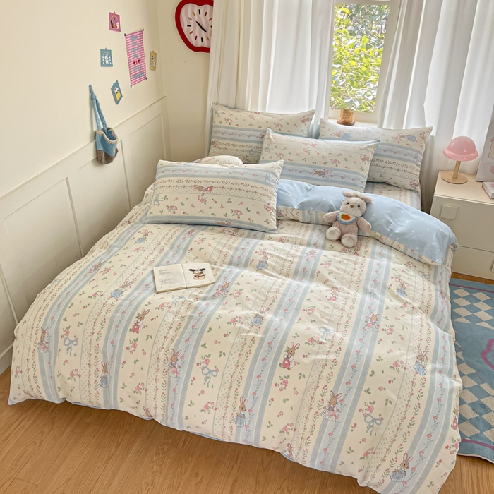 91家纺网 家纺一手货源 找家纺 首尔家纺 2026新款全棉纯棉小清新四件套 玫瑰兔语