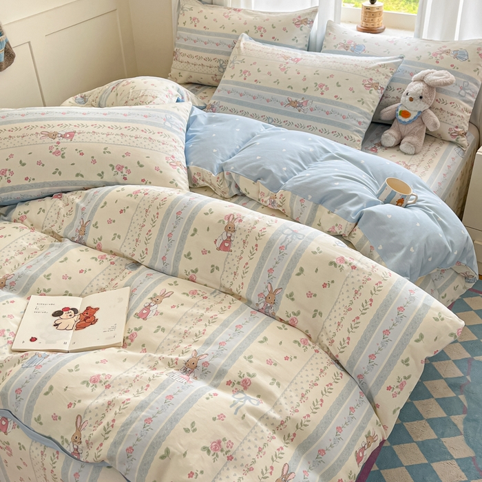 91家纺网 家纺一手货源 找家纺 首尔家纺 2026新款全棉纯棉小清新四件套 玫瑰兔语