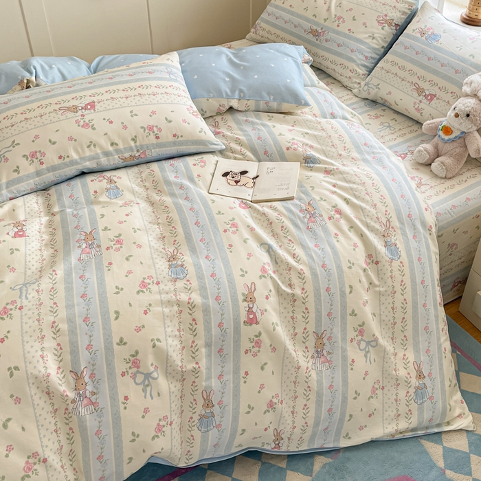 91家纺网 家纺一手货源 找家纺 首尔家纺 2026新款全棉纯棉小清新四件套 玫瑰兔语