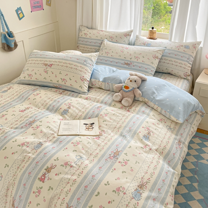 91家纺网 家纺一手货源 找家纺 首尔家纺 2026新款全棉纯棉小清新四件套 玫瑰兔语