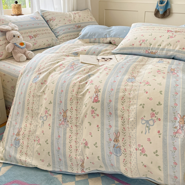 91家纺网 家纺一手货源 找家纺 首尔家纺 2026新款全棉纯棉小清新四件套 玫瑰兔语