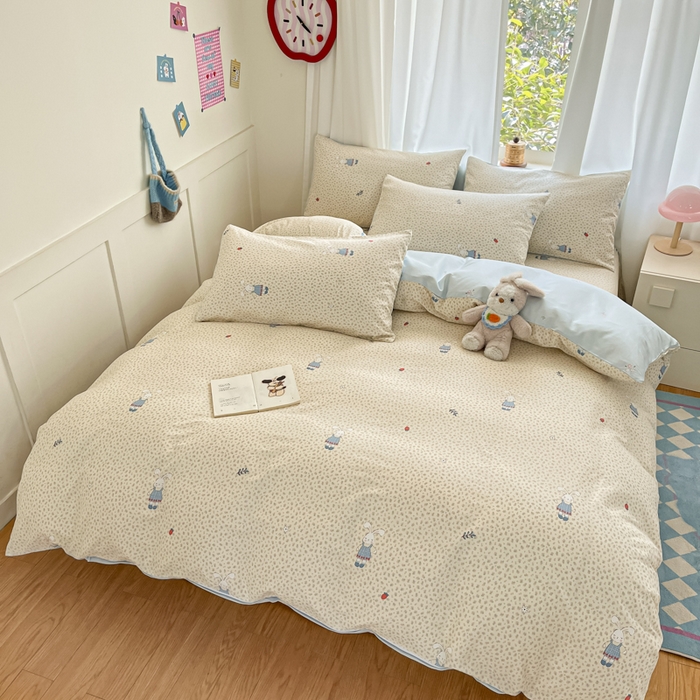 91家纺网 家纺一手货源 找家纺 首尔家纺 2026新款全棉纯棉小清新四件套 奶呼兔兔-米