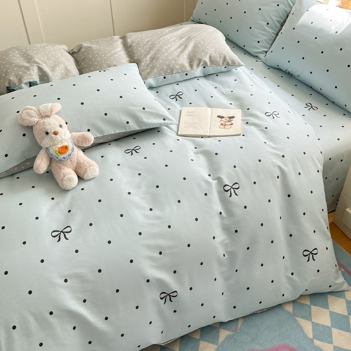 91家纺网 家纺一手货源 找家纺 首尔家纺 2026新款全棉纯棉小清新四件套 波点蝴蝶结