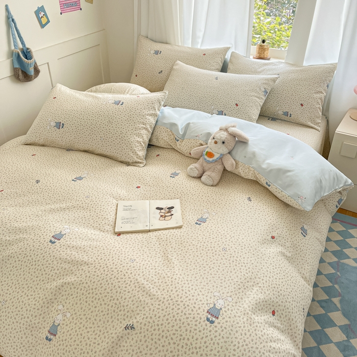 91家纺网 家纺一手货源 找家纺 首尔家纺 2026新款全棉纯棉小清新四件套 奶呼兔兔-米