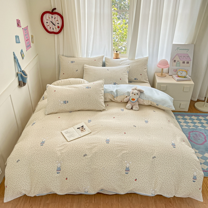 91家纺网 家纺一手货源 找家纺 首尔家纺 2026新款全棉纯棉小清新四件套 奶呼兔兔-米