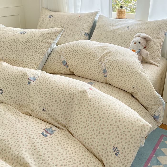 91家纺网 家纺一手货源 找家纺 首尔家纺 2026新款全棉纯棉小清新四件套 奶呼兔兔-米