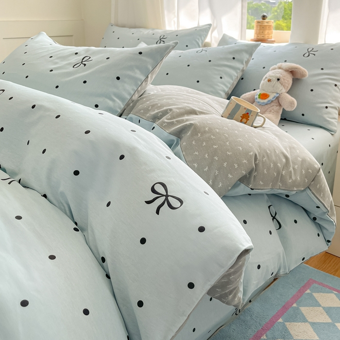 91家纺网 家纺一手货源 找家纺 首尔家纺 2026新款全棉纯棉小清新四件套 波点蝴蝶结