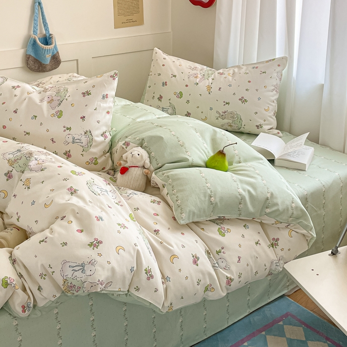 91家纺网 家纺一手货源 找家纺 首尔家纺 2026新款全棉纯棉小清新四件套 月下小兔