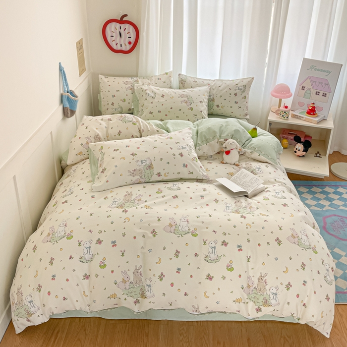 91家纺网 家纺一手货源 找家纺 首尔家纺 2026新款全棉纯棉小清新四件套 月下小兔