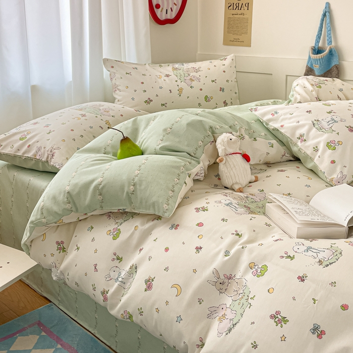 91家纺网 家纺一手货源 找家纺 首尔家纺 2026新款全棉纯棉小清新四件套 月下小兔