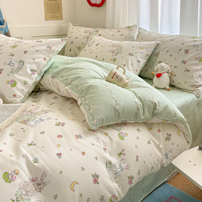 91家纺网 家纺一手货源 找家纺 首尔家纺 2026新款全棉纯棉小清新四件套 月下小兔