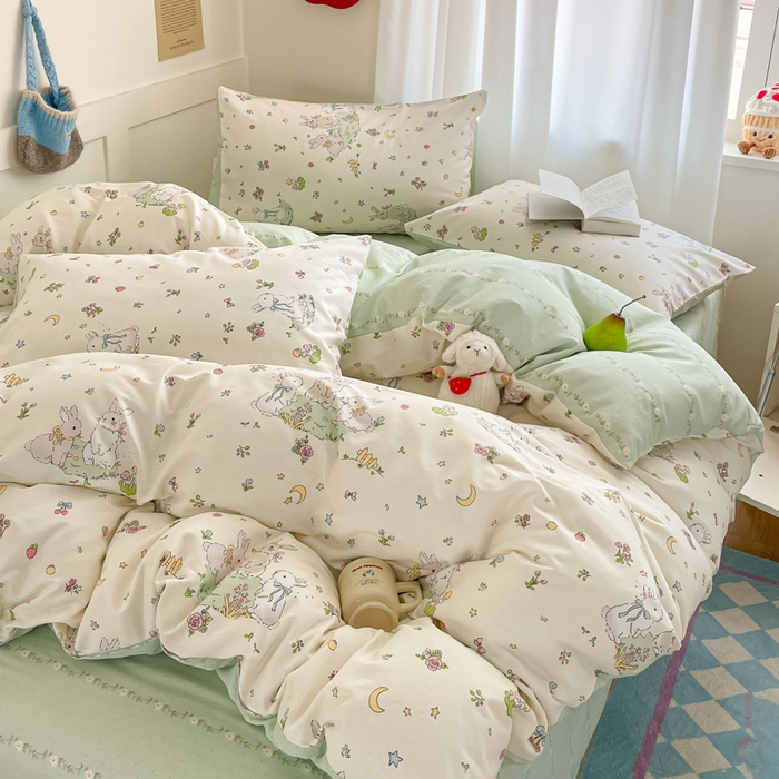 91家纺网 家纺一手货源 找家纺 首尔家纺 2026新款全棉纯棉小清新四件套 月下小兔