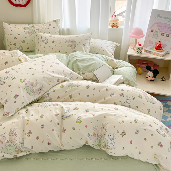 91家纺网 家纺一手货源 找家纺 首尔家纺 2026新款全棉纯棉小清新四件套 月下小兔